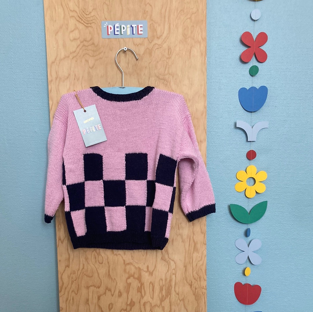 Pull de Joëlle Damier rose et bleu marine